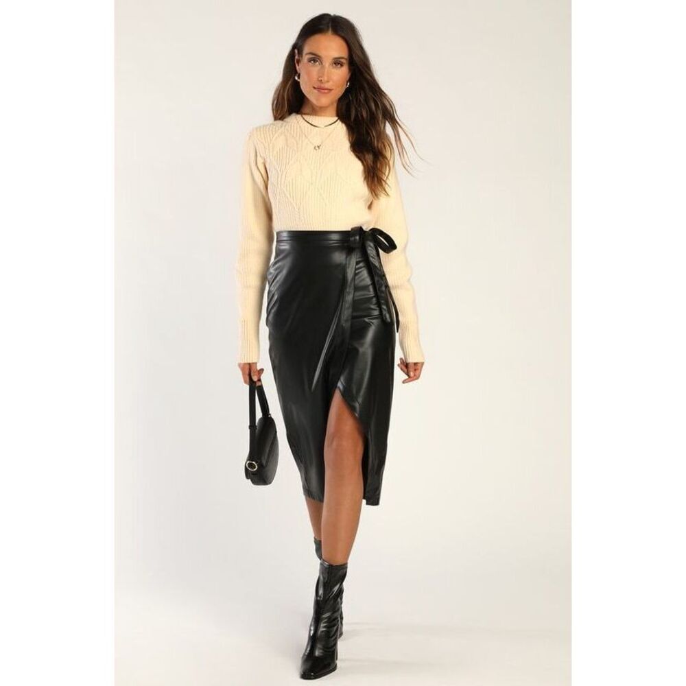 🆕 Lulus Effortless Class Black Vegan Leather Faux Wrap Midi Skirt